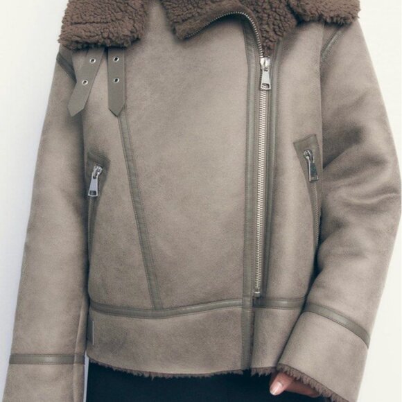 ZARA NEW WOMEN FAUX LEATHER SHEARLING DOUBLE-FACED BIKER JACKET GRAY 3548/243 - Picture 8 of 15